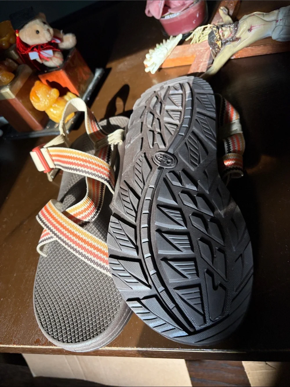New Chaco Striped Strap Outdoor Sandals - Gray Base with Orange & Red Accents 12